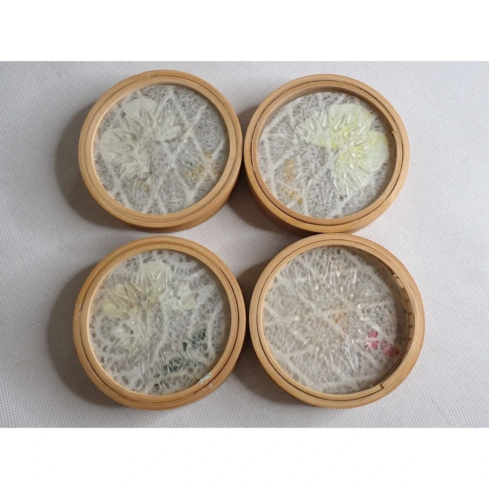 Vintage Bamboo Butterfly and Floral Coasters Set of 4 Natural Boho Decor Retro